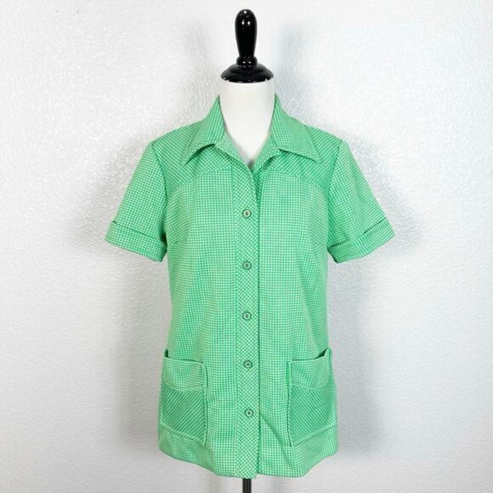 Vintage 70s Pykettes Sz L Green Houndstooth Mod Dagger Collar Button Down Shirt